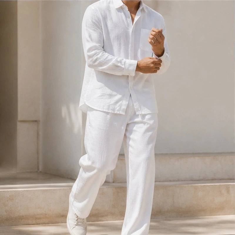 Theon Relaxed Shirt and Trouser Set - White / White - linen set - Hendlys - Image 2