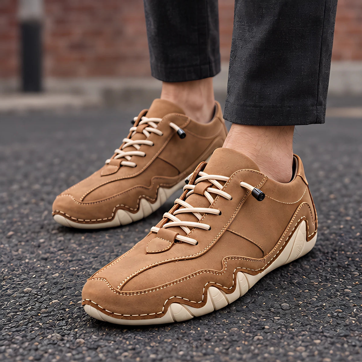Torin Men's Wave-Stitched Leather Sneakers - Desert Oak - Men's Footwear > Sneakers > Low-Top Leather Sneakers - Hendlys - Image 1