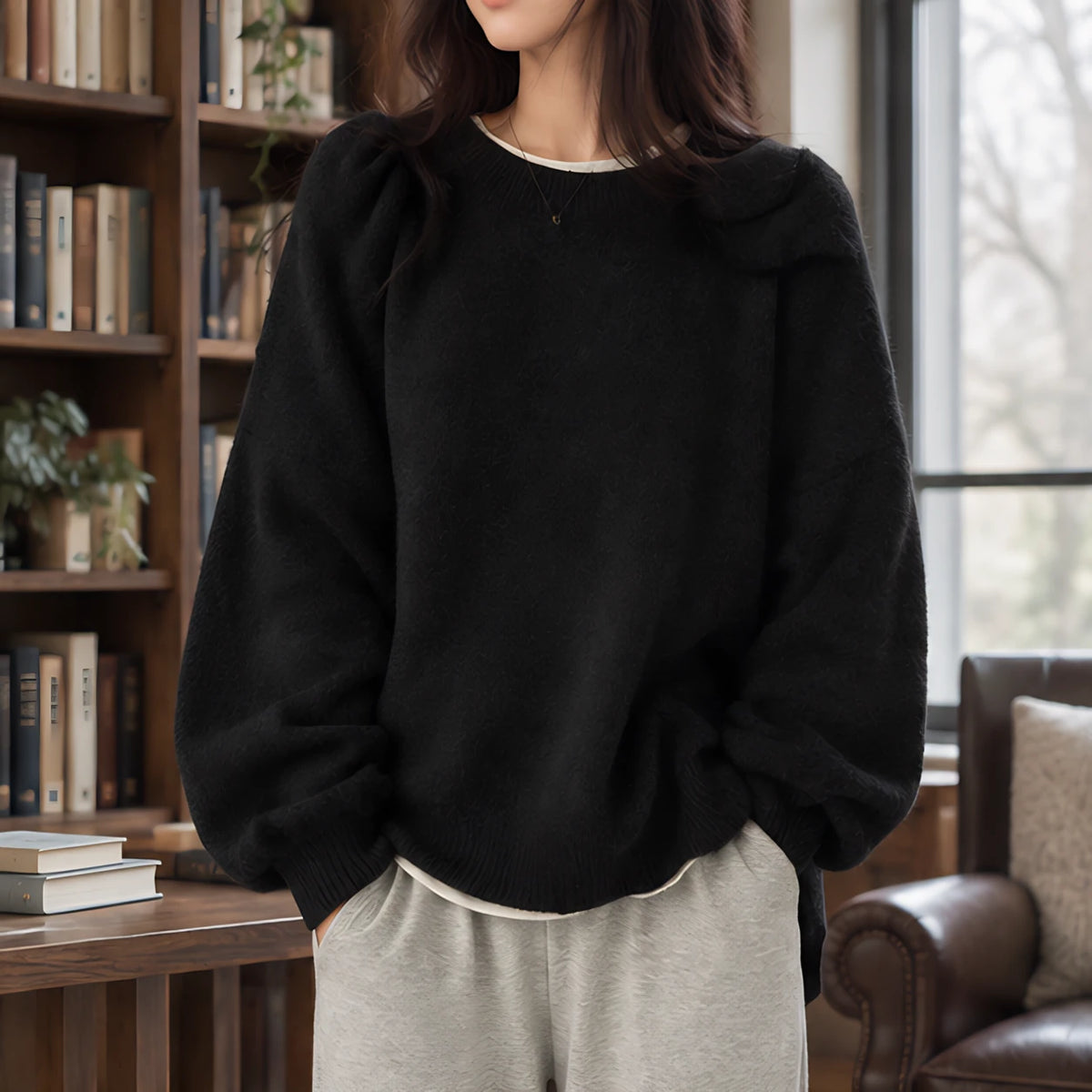 Tova Women's Oversized Crew Neck Sweater - Black - Women's Clothing > Sweaters & Cardigans > Crew Neck Sweaters - Hendlys - Image 1