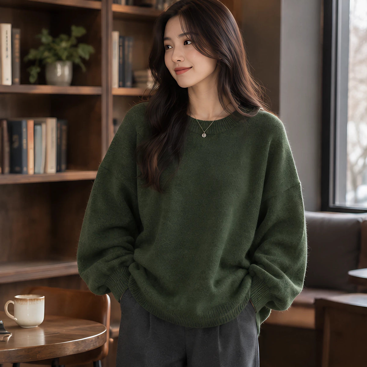 Tova Women's Oversized Crew Neck Sweater - Green - Women's Clothing > Sweaters & Cardigans > Crew Neck Sweaters - Hendlys - Image 1