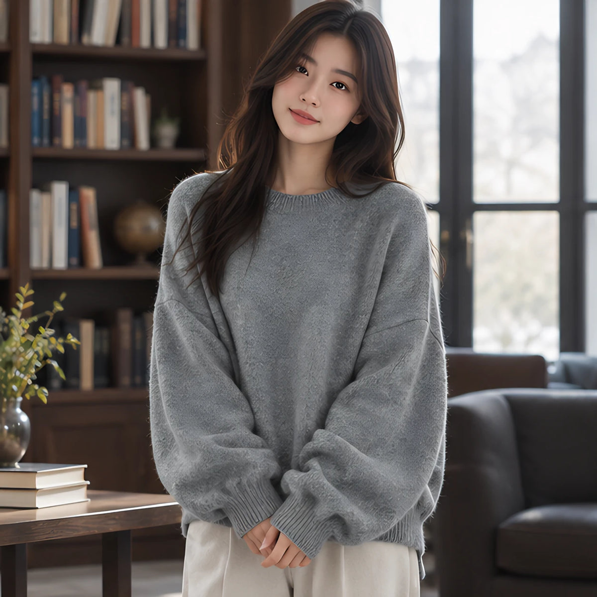 Tova Women's Oversized Crew Neck Sweater - Gray - Women's Clothing > Sweaters & Cardigans > Crew Neck Sweaters - Hendlys - Image 1