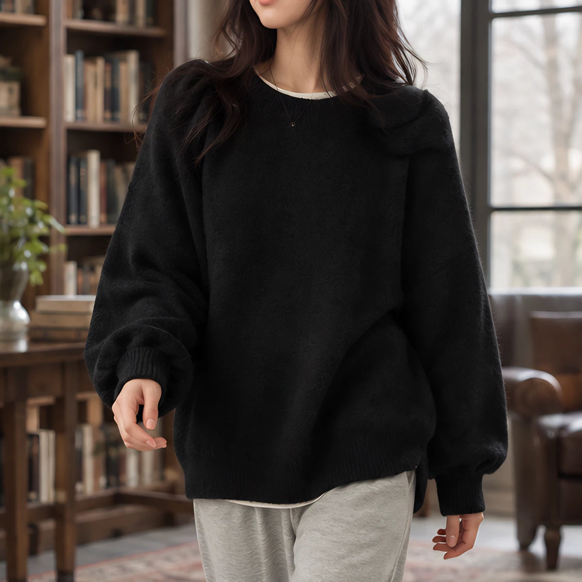 Tova Women's Oversized Crew Neck Sweater - Black - Women's Sweater - Hendlys - Image 2