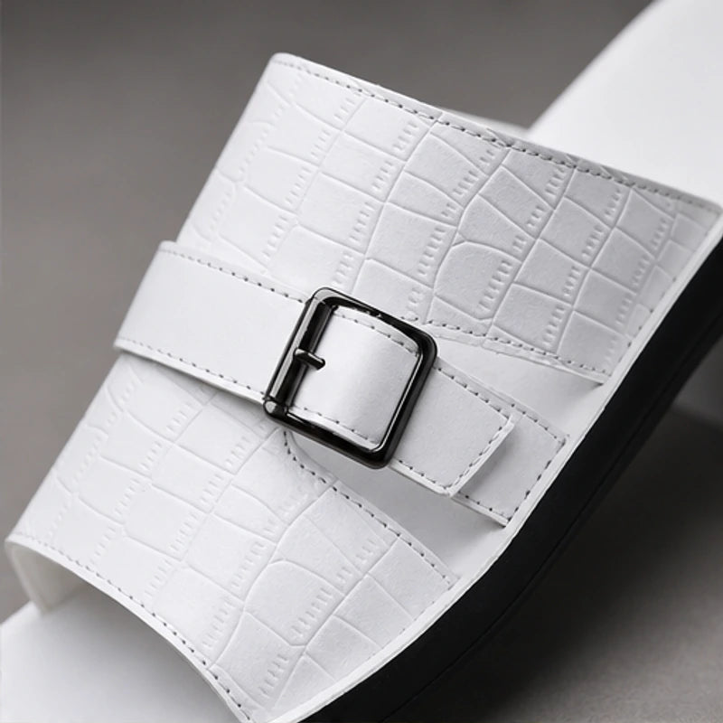 Mariner Croc-Embossed Leather Sandal - White - slide sandals - Hendlys - Image 5