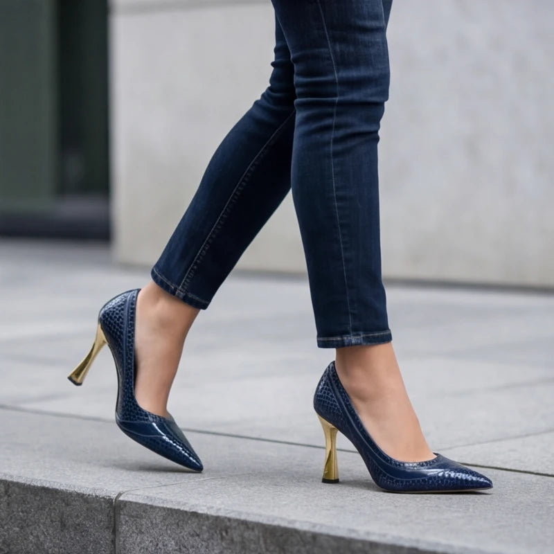 Maria May Metallic Heels - Blue - crocodile texture - Hendlys - Image 5