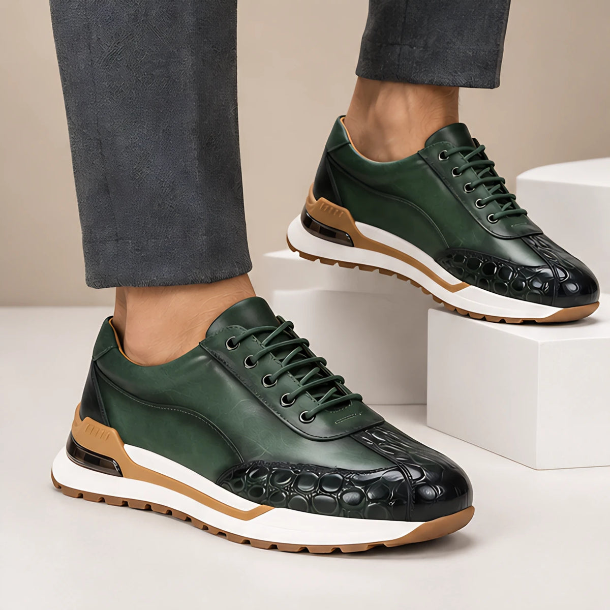 Valerio Men's Croc-Embossed Leather Sneakers - Green - Sneakers - Hendlys - Image 3