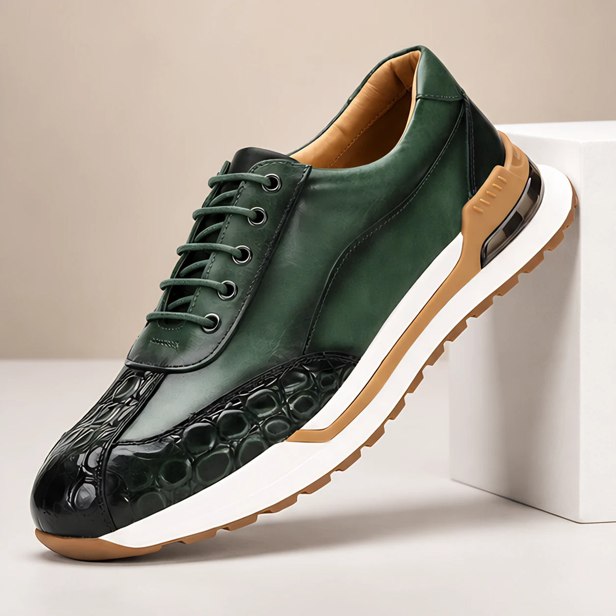 Valerio Men's Croc-Embossed Leather Sneakers - Green - Men's Footwear > Sneakers > Low-Top Sneakers - Hendlys - Image 1