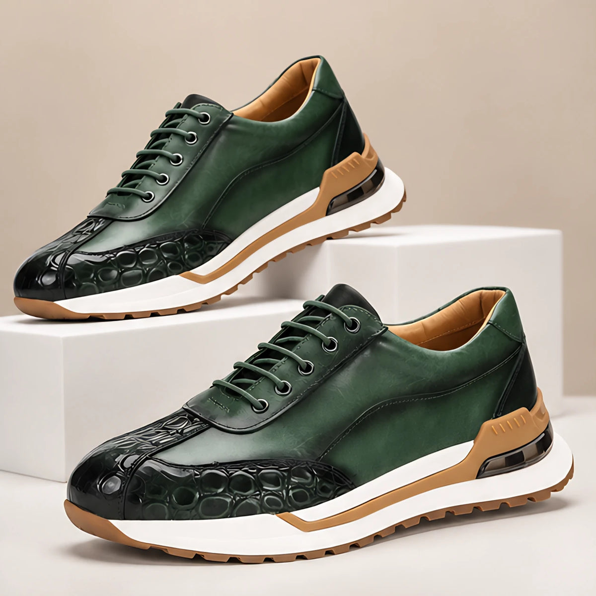 Valerio Men's Croc-Embossed Leather Sneakers - Green - mens_footwear - Hendlys - Image 2
