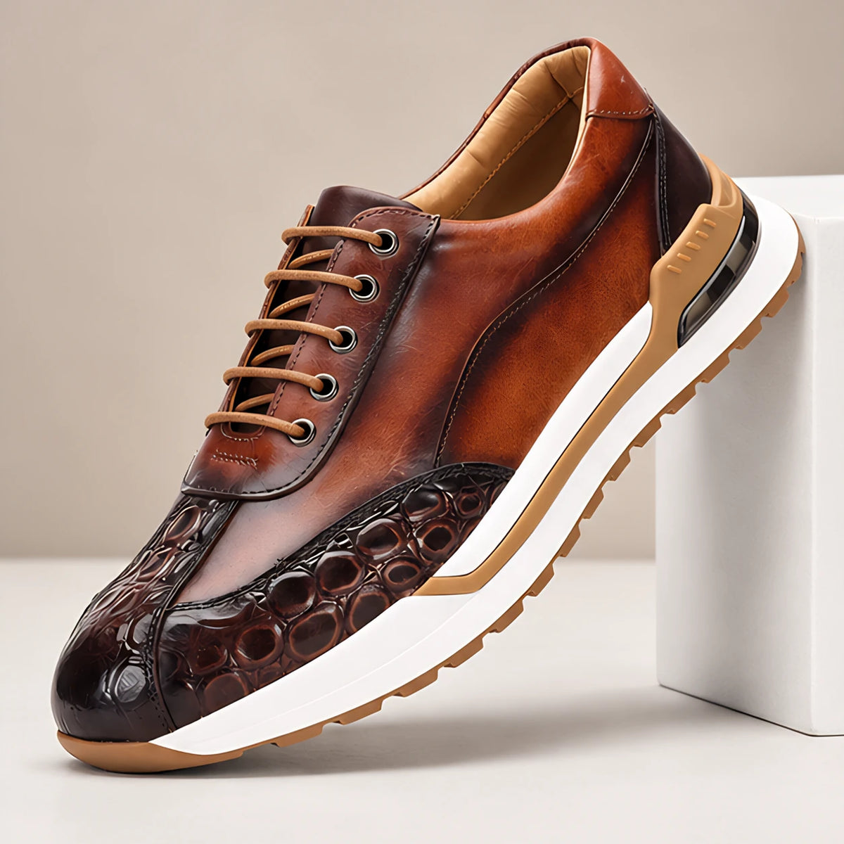Valerio Men's Croc-Embossed Leather Sneakers - Brown - Men's Footwear > Sneakers > Low-Top Sneakers - Hendlys - Image 1