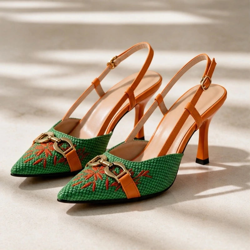 Velmora Embroidered Pointed-Toe Slingback Pumps - Basil - Women's Footwear > Heels > Slingback Heels - Hendlys - Image 1