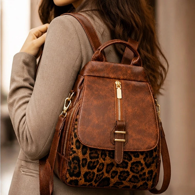 Verena Leopard Panel Leather Backpack - Lioness - Knitwear - Hendlys - Image 3