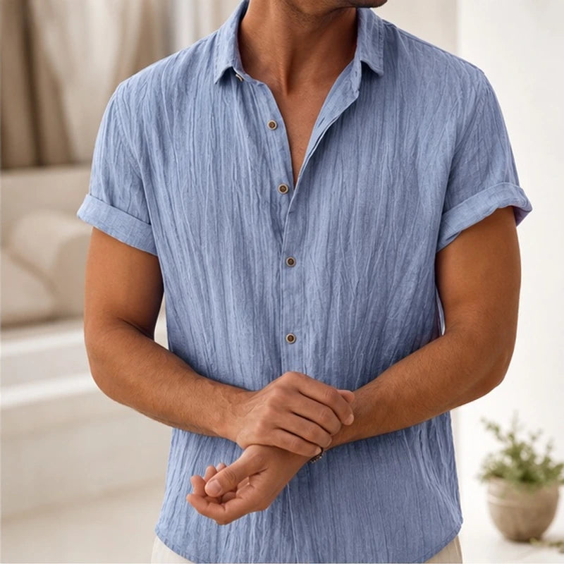 Vincento Short-Sleeve Linen Shirt - Blue - cotton linen blend - Hendlys - Image 4