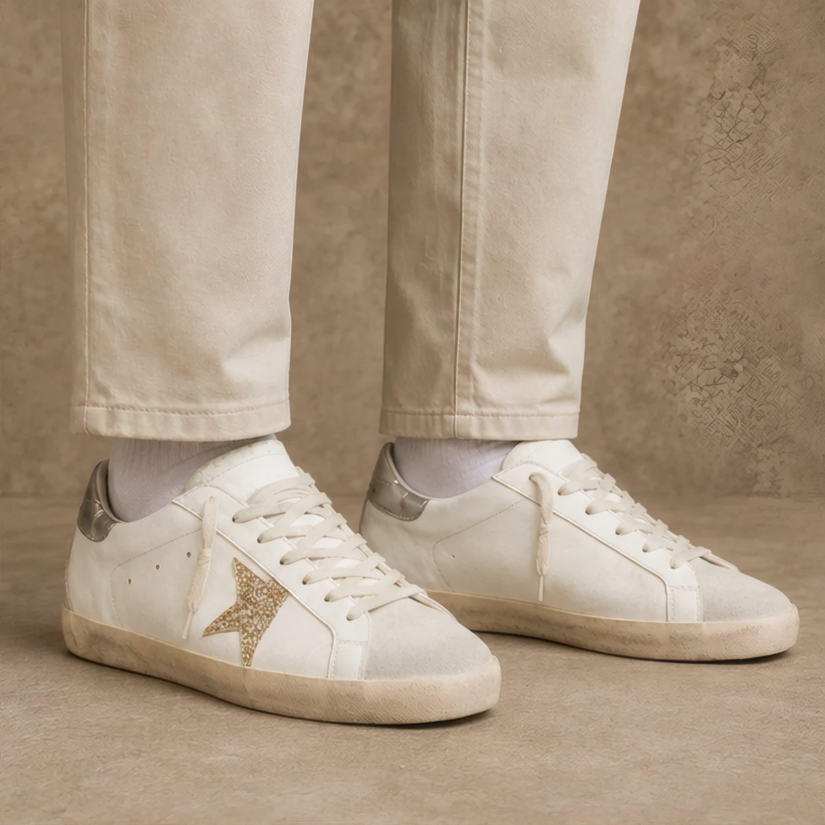 Volterra Distressed Leather Sneakers - White And Gold Glitter - Catalog Group: Footwear - Hendlys - Image 2