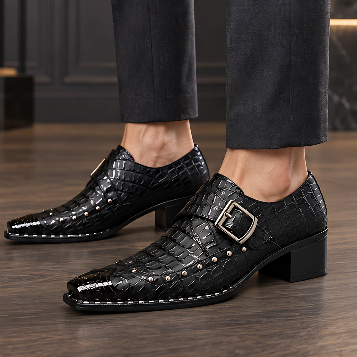 Wyndham Men's Croc-Embossed Monk Strap Shoes - Black - Shoes - Hendlys - Image 2
