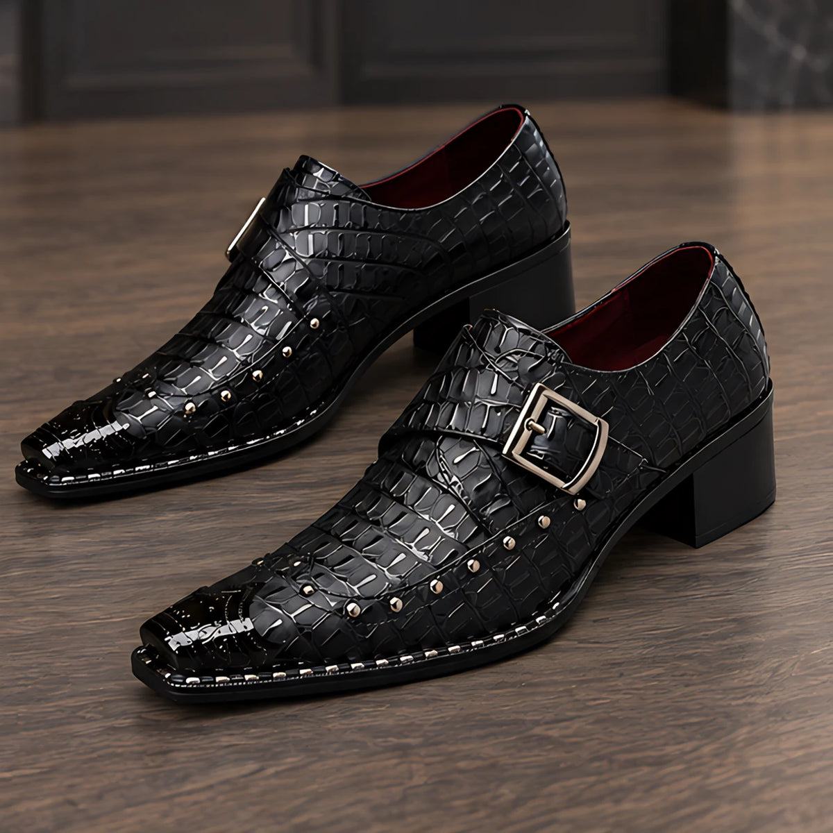 Wyndham Men's Croc-Embossed Monk Strap Shoes - Black - male - Hendlys - Image 4
