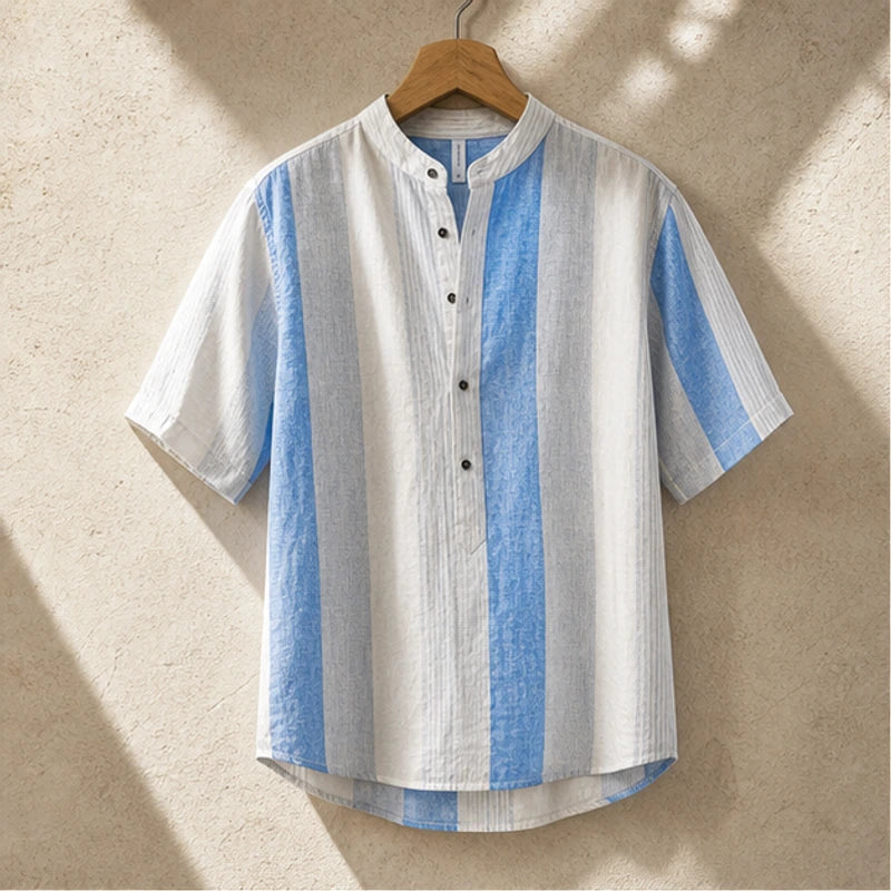 Santorina Striped Linen Henley Shirt - Blue - Shirt - Hendlys - Image 1