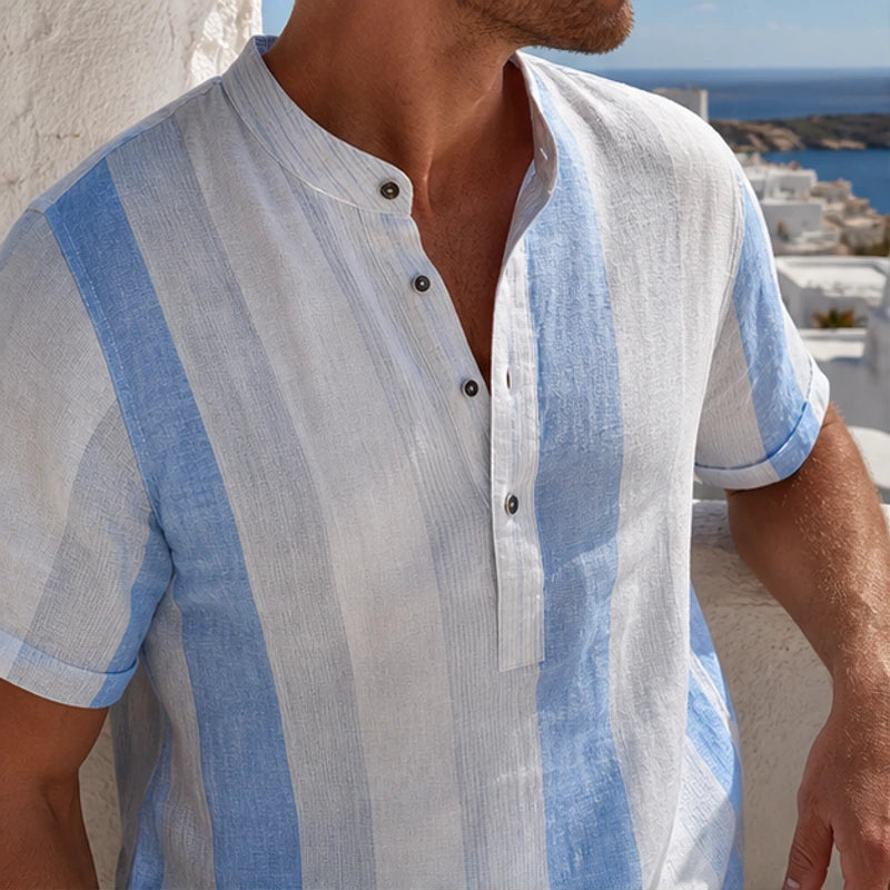 Santorina Striped Linen Henley Shirt - Blue - linen shirt - Hendlys - Image 4