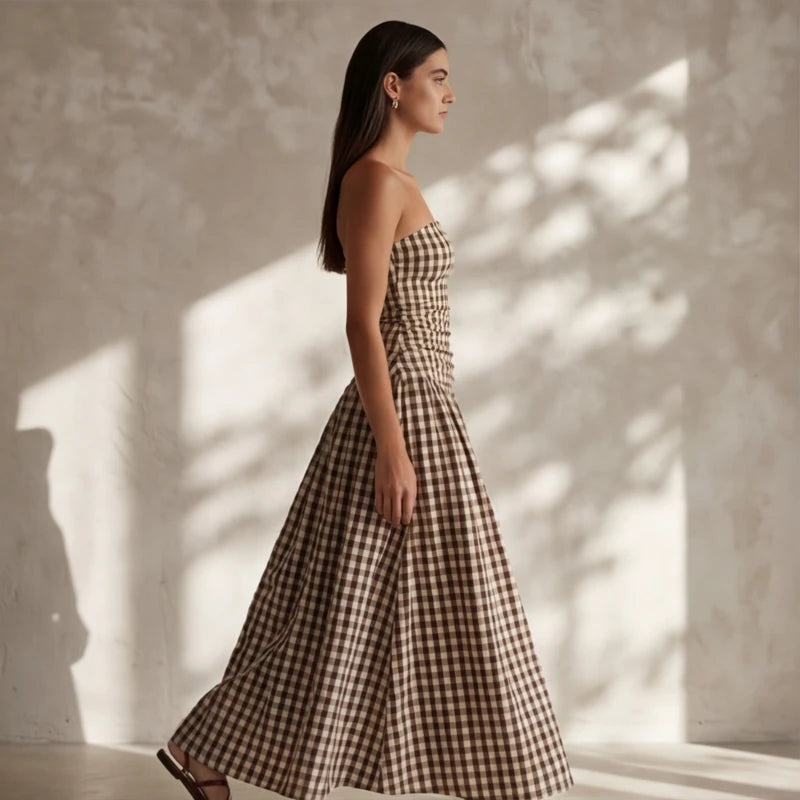 Grazania Strapless Dress - Brown Checkered - strapless dress - Hendlys - Image 3