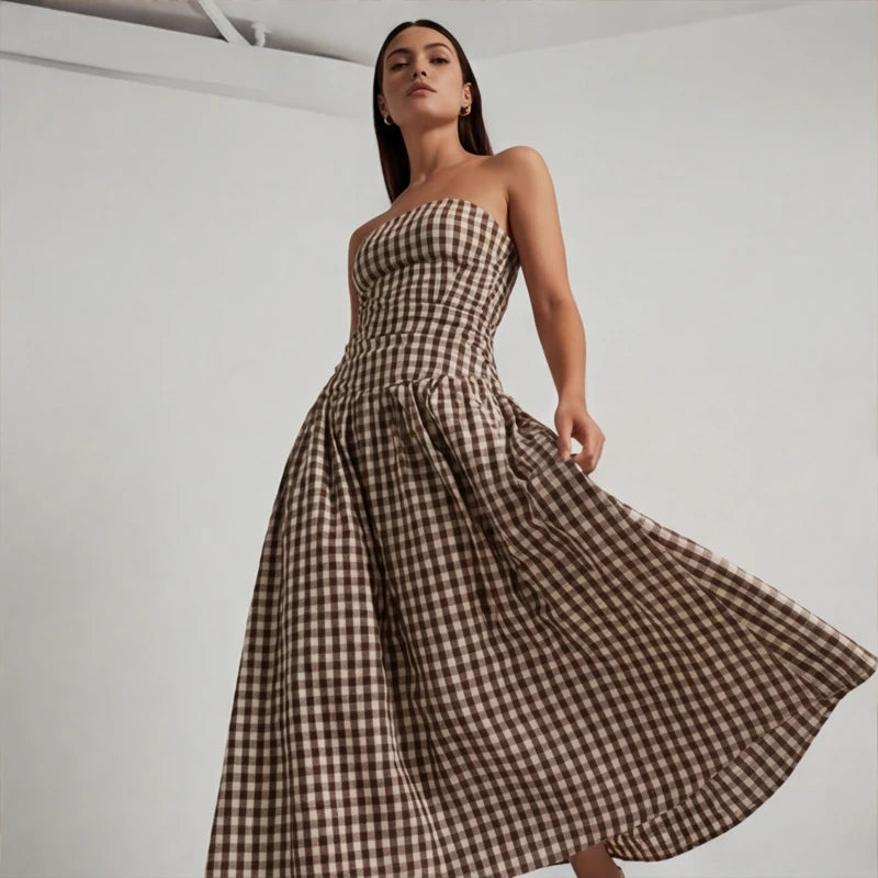 Grazania Strapless Dress - Brown Checkered - women's dress - Hendlys - Image 1