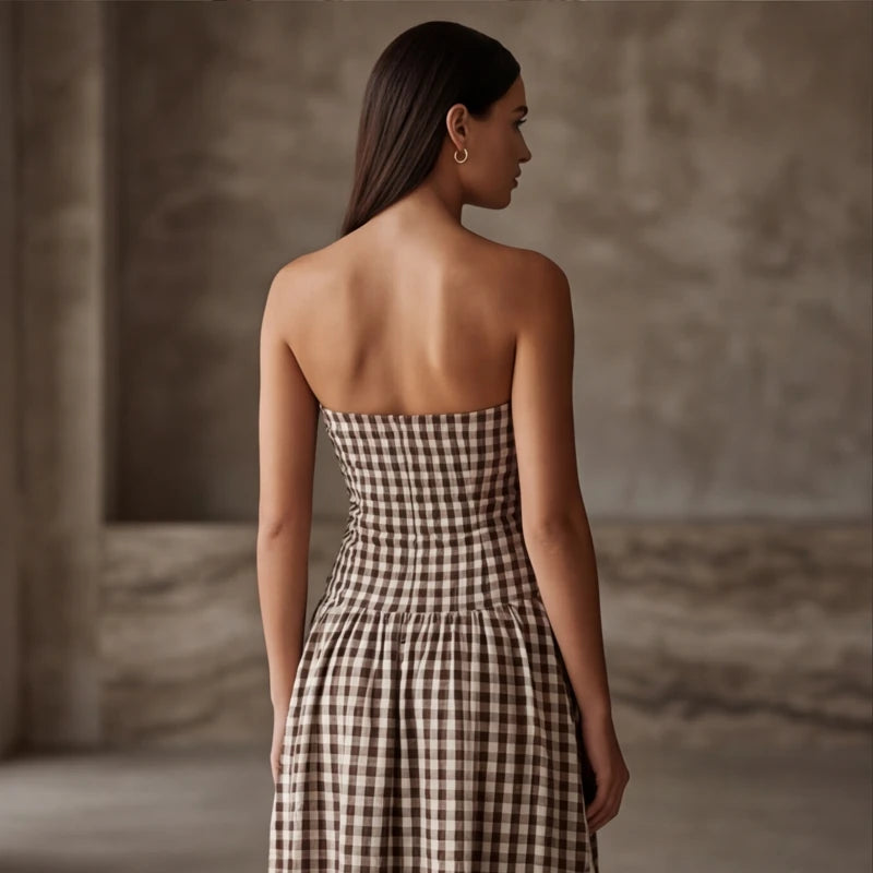 Grazania Strapless Dress - Brown Checkered - ruched dress - Hendlys - Image 5