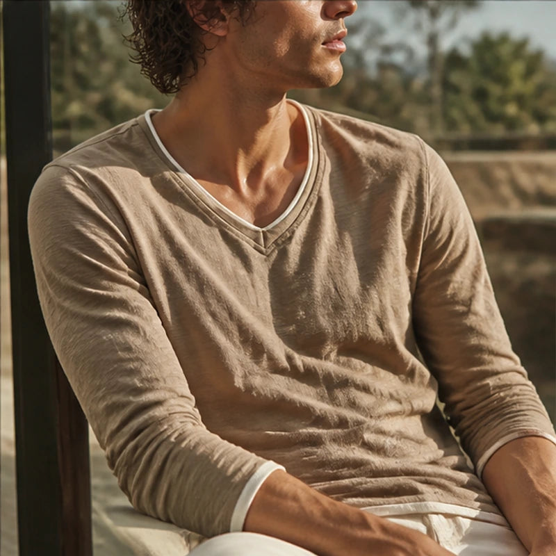 Kasane Cotton Long Sleeve Shirt - Brown - v-neck - Hendlys - Image 7