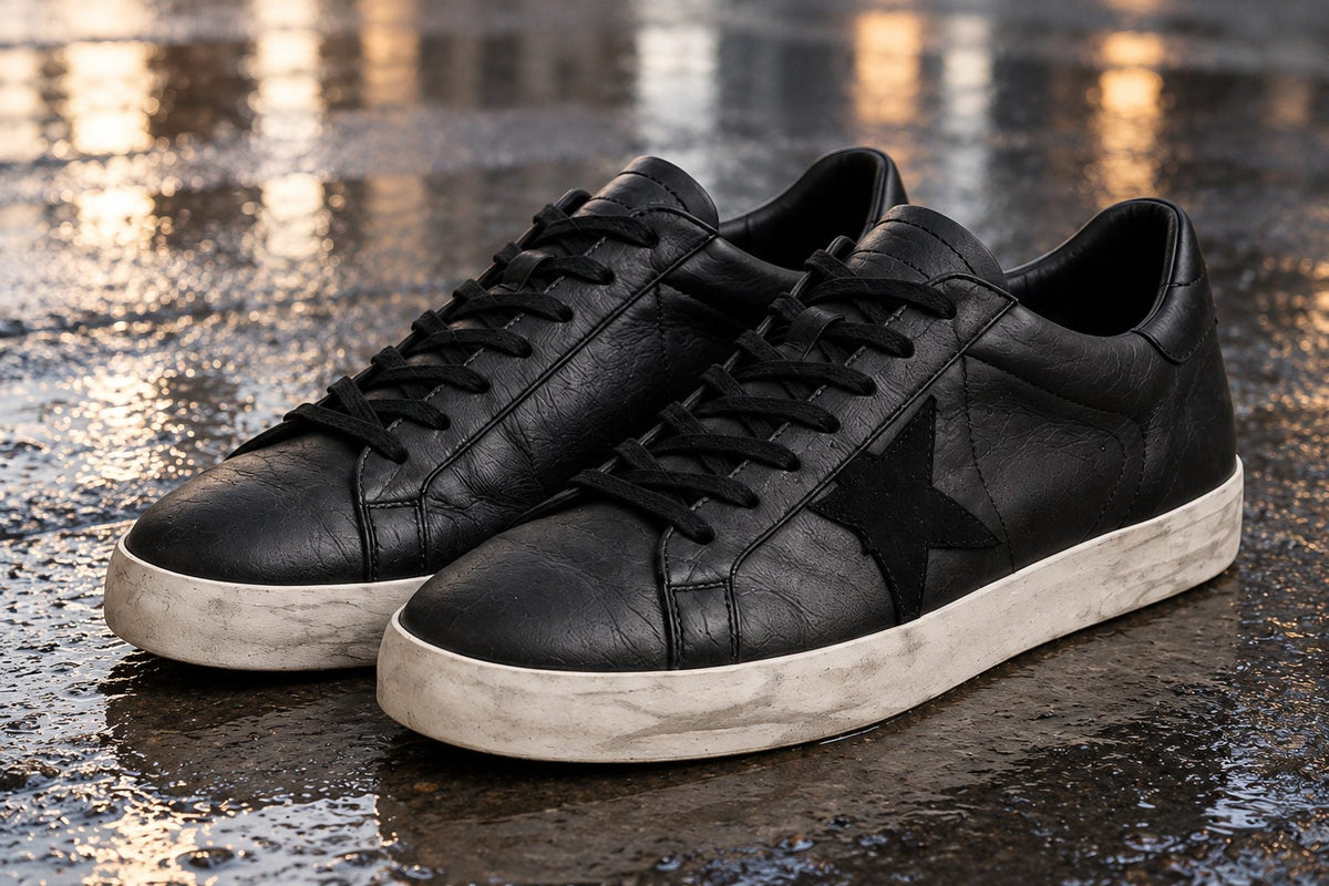 Black leather sneakers with a worn-in white sole on wet dark concrete with city light reflections