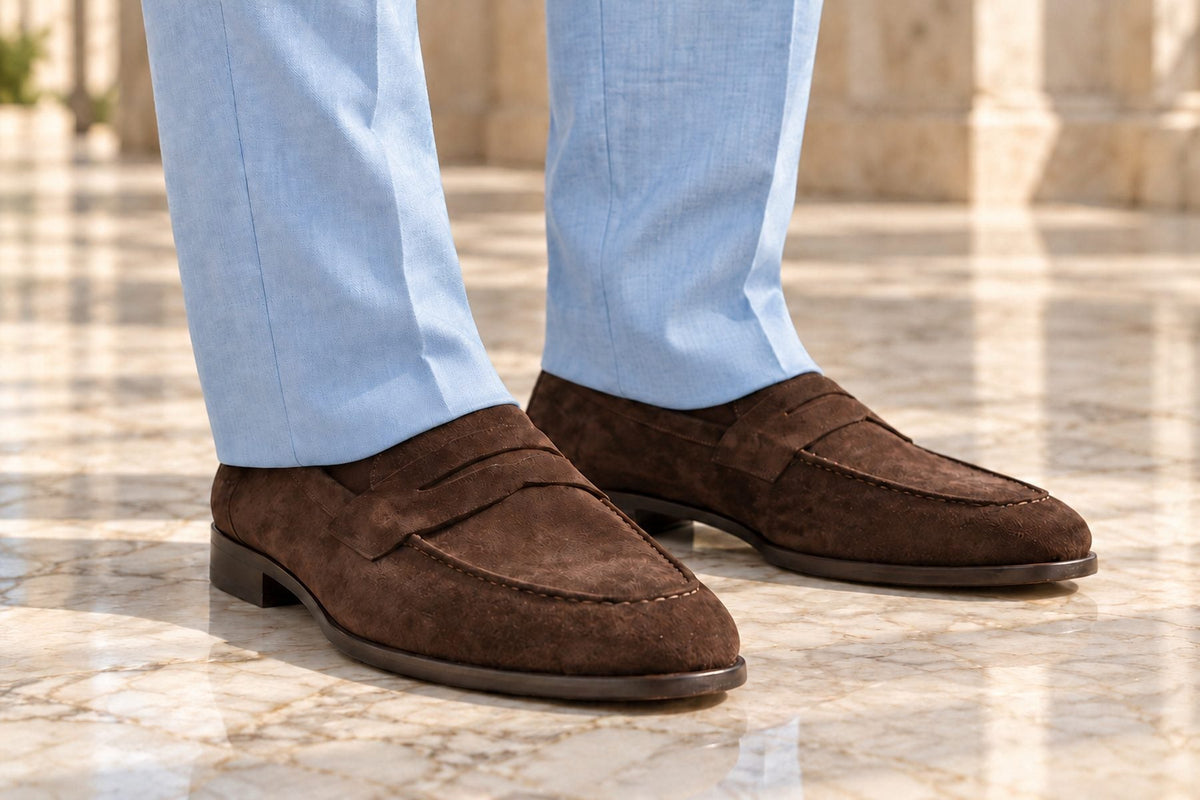 Light blue suit trouser hems with a clean break over dark brown penny loafers on a marble floor