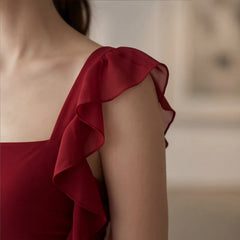 Portofino Ruffle Dress - Red - square collar - Hendlys - Image 4