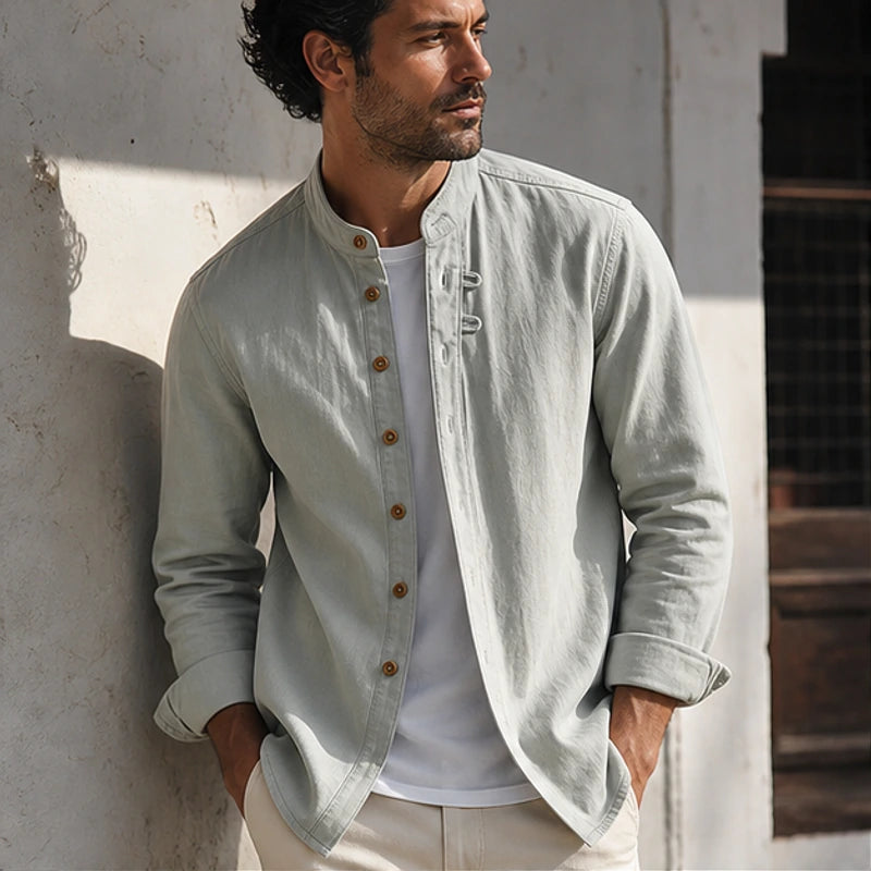 Yoake Mandarin Collar Shirt - Gray - linen cotton - Hendlys - Image 4