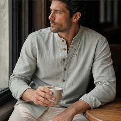 Yoake Mandarin Collar Shirt - Gray - stand collar - Hendlys - Image 6