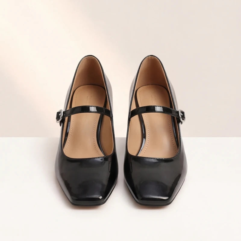 Helena Genuine Leather Heels - Black - square toe - Hendlys - Image 6
