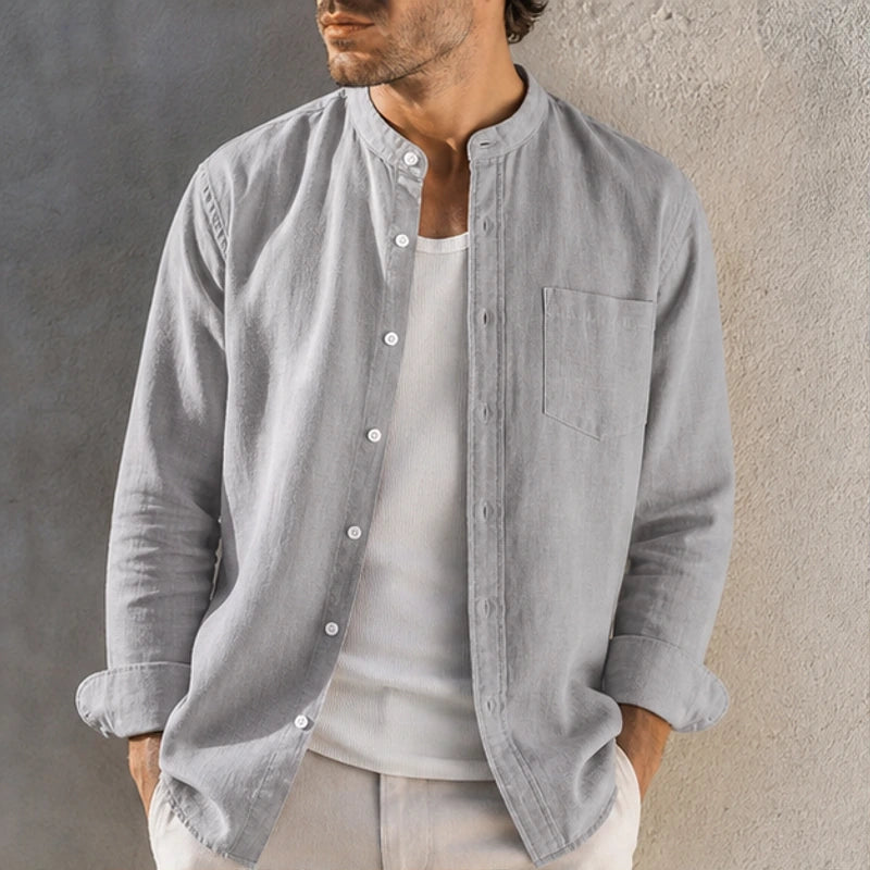 Amalfi Linen Mandarin Collar Shirt - Gray - button-front - Hendlys - Image 5