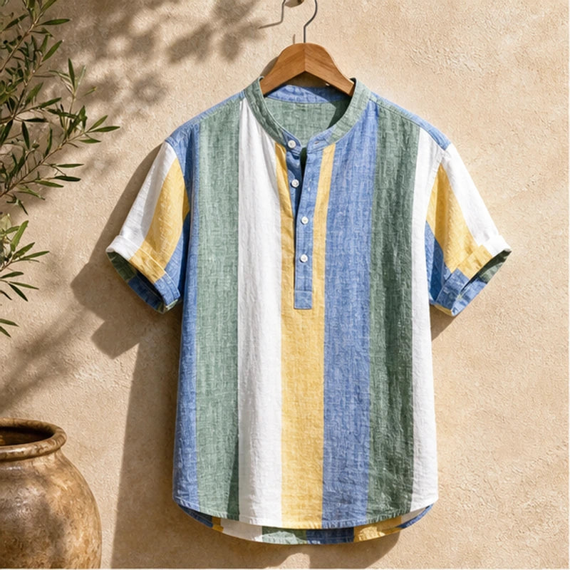 Santorina Striped Linen Henley Shirt - Green - Shirt - Hendlys - Image 1