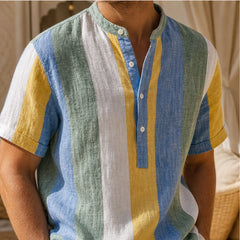 Santorina Striped Linen Henley Shirt - Green - striped shirt - Hendlys - Image 6