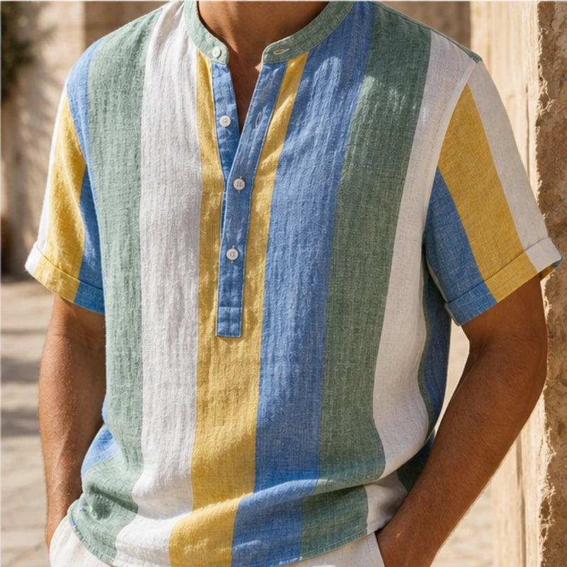 Santorina Striped Linen Henley Shirt - Green - relaxed fit - Hendlys - Image 7