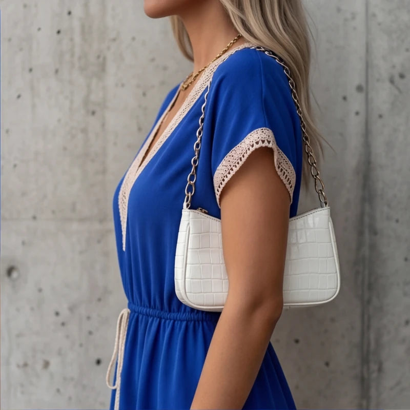 Comporta Lace Midi Dress - Blue - v-neck dress - Hendlys - Image 5