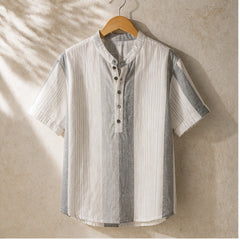 Santorina Striped Linen Henley Shirt - White - Shirt - Hendlys - Image 1