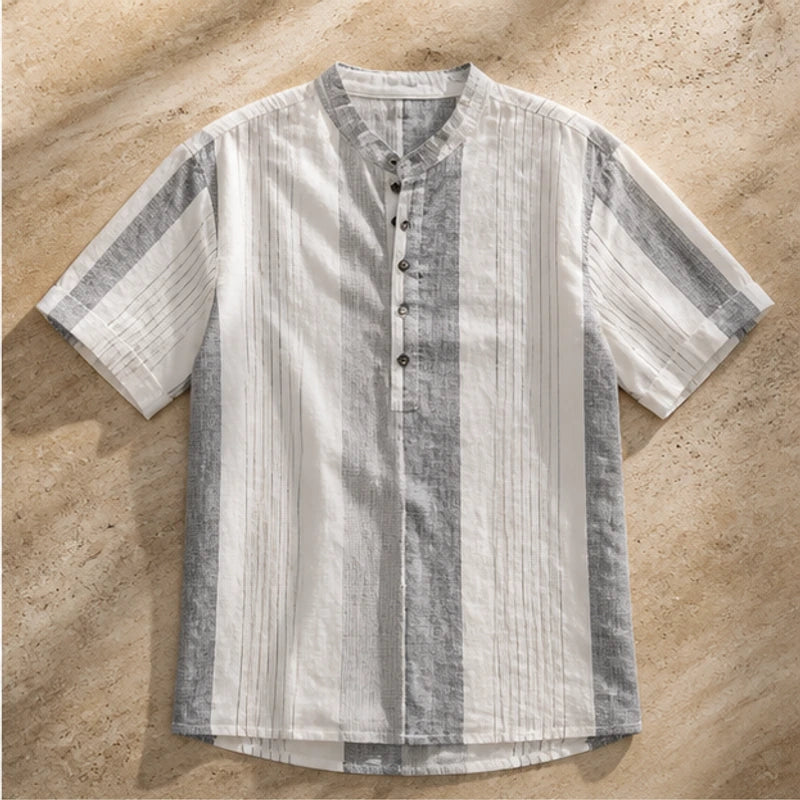 Santorina Striped Linen Henley Shirt - White - men's shirt - Hendlys - Image 2