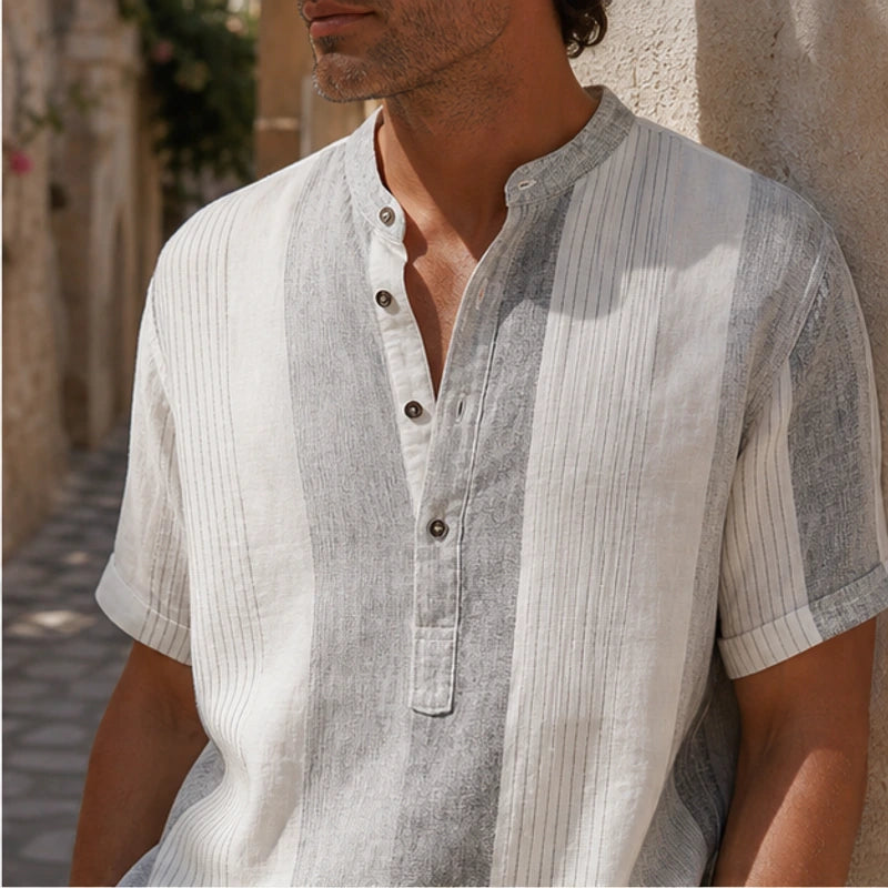 Santorina Striped Linen Henley Shirt - White - cotton linen - Hendlys - Image 5