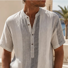 Santorina Striped Linen Henley Shirt - White - striped shirt - Hendlys - Image 6