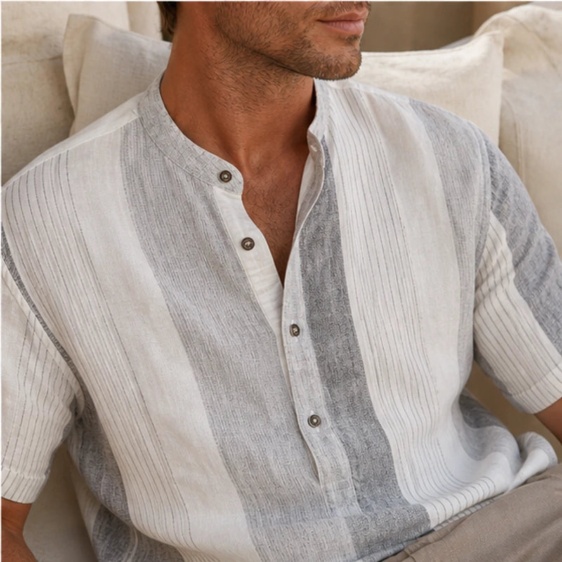 Santorina Striped Linen Henley Shirt - White - relaxed fit - Hendlys - Image 7