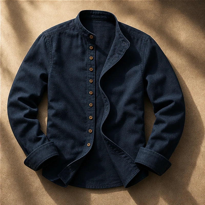 Yoake Mandarin Collar Shirt - Navy - mandarin collar - Hendlys - Image 3
