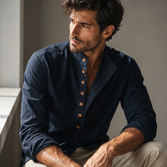 Yoake Mandarin Collar Shirt - Navy - linen cotton - Hendlys - Image 4