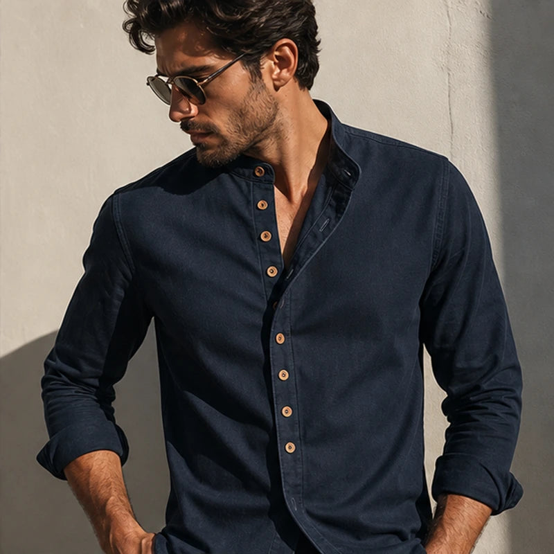Yoake Mandarin Collar Shirt - Navy - lightweight shirt - Hendlys - Image 7