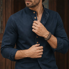 Yoake Mandarin Collar Shirt - Navy - stand collar - Hendlys - Image 6