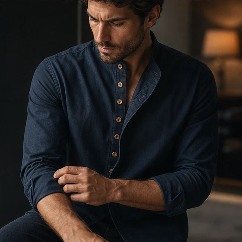 Yoake Mandarin Collar Shirt - Navy - japanese style - Hendlys - Image 5