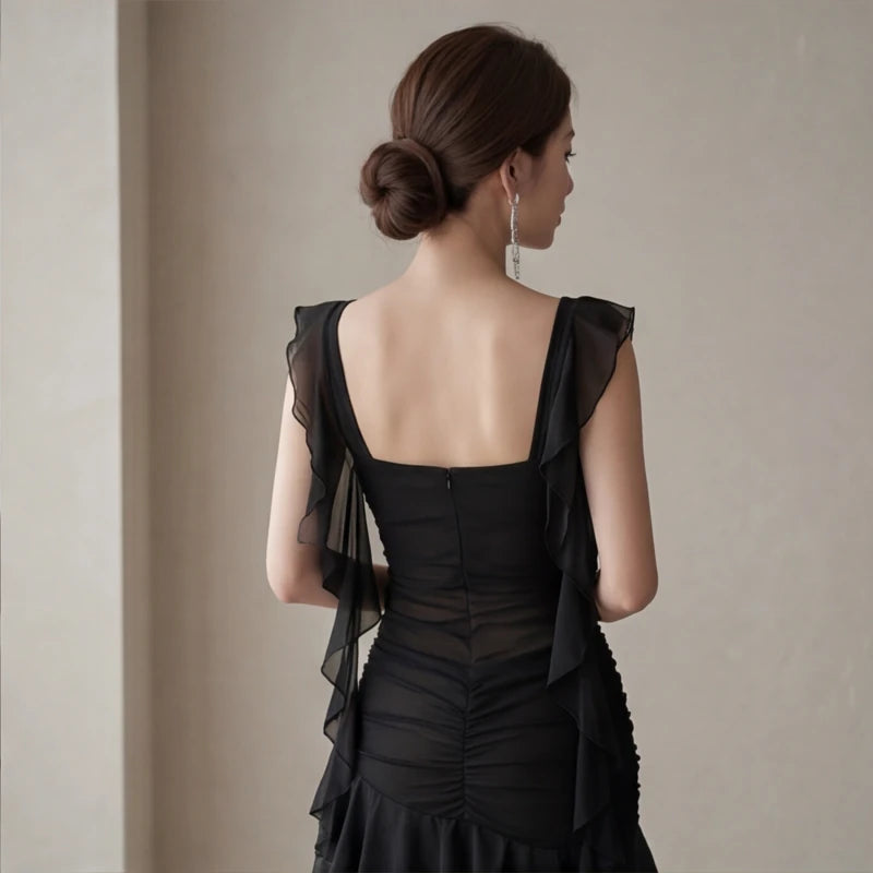 Portofino Ruffle Dress - Black - square collar - Hendlys - Image 4