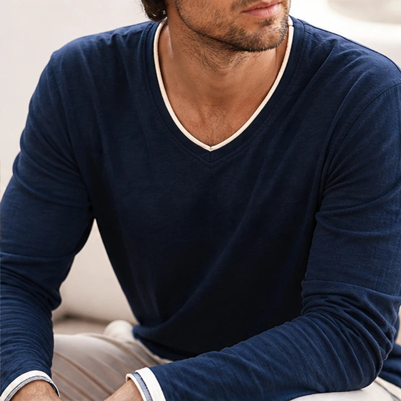 Kasane Cotton Long Sleeve Shirt - Navy Blue - contrast trim - Hendlys - Image 6