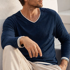 Kasane Cotton Long Sleeve Shirt - Navy Blue - v-neck - Hendlys - Image 7
