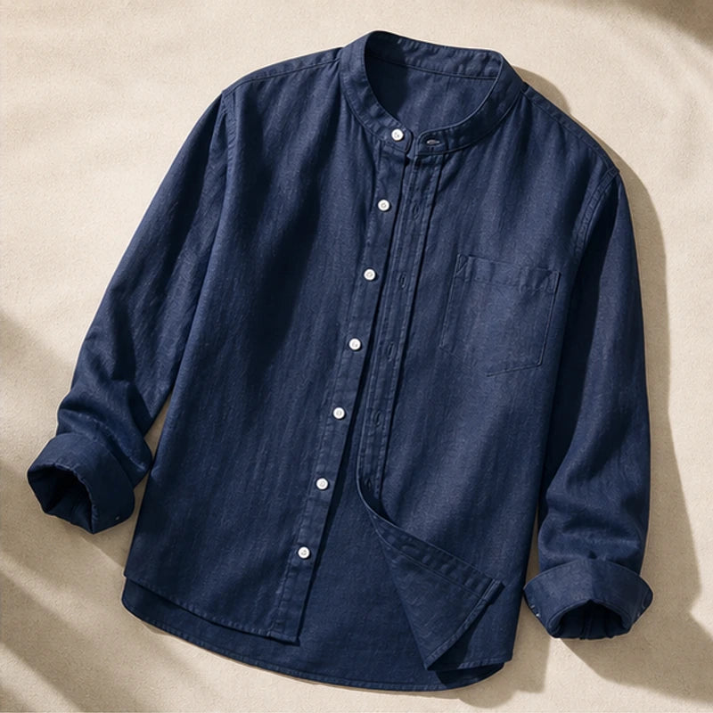 Amalfi Linen Mandarin Collar Shirt - Blue - men's shirts - Hendlys - Image 2