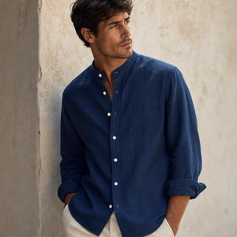 Amalfi Linen Mandarin Collar Shirt - Blue - button-front - Hendlys - Image 5